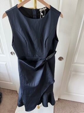 Sleeveless Navy Midi Dress with Draped Side Knot - Unknown Brand